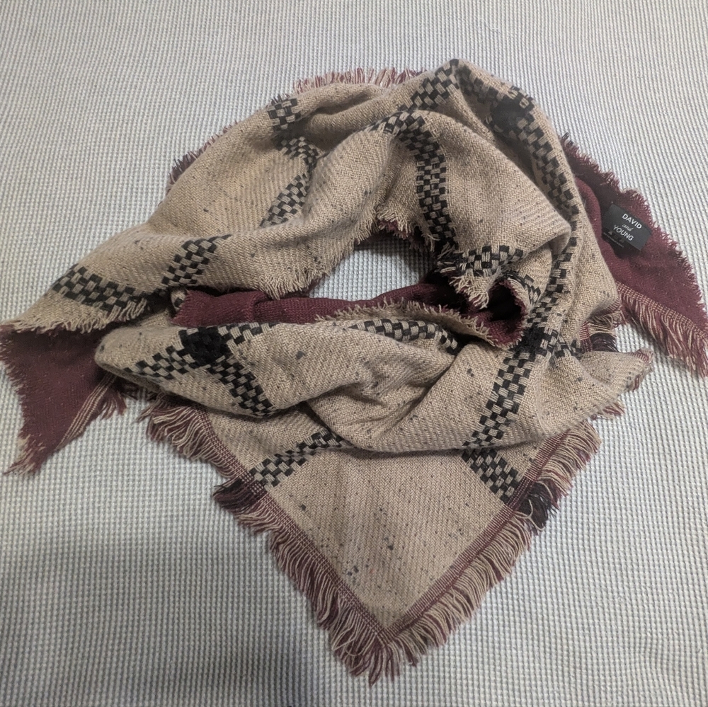 David and Young Checkered Scarf in Tan and Burgundy